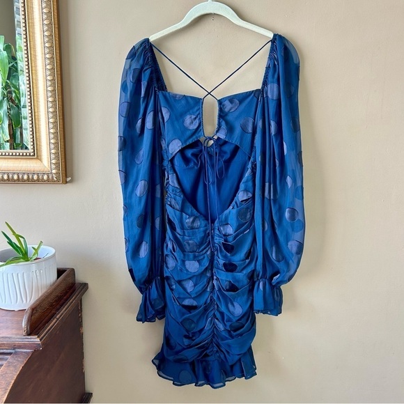 For Love And Lemons Lula Mini Dress Ruched Ruffle Navy Blue Dot Long Puff Sleeve - Picture 6 of 16